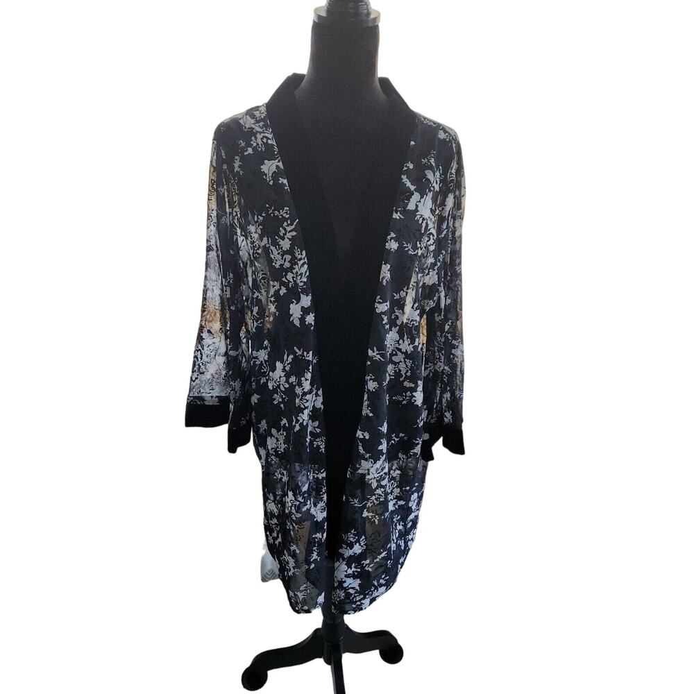 Alice Blue Sheer Long Swing Cut Cardigan Kimono With Velvet Trims Black Floral
